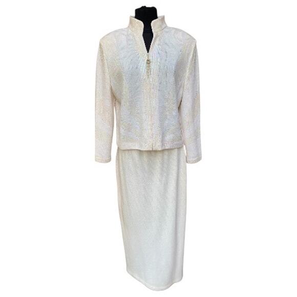 St. John Jackets & Blazers - St John Evening Knit Cream Multi Shimmer Jacket Zip Front Skirt Suit Size 10 12